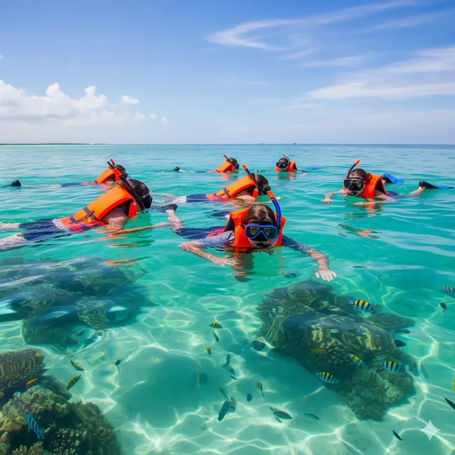 Group of people exploring the Great Mayan Reef while snorkeling