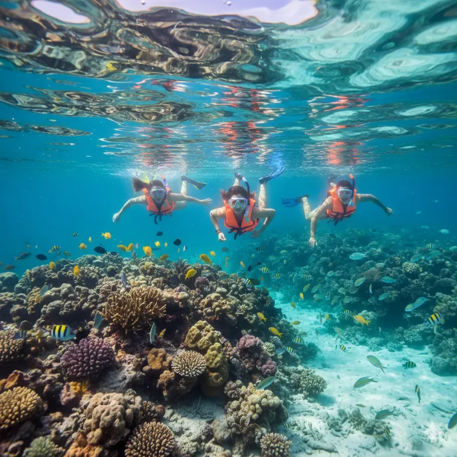 Grupo de personas explorando la Gran Barrera de Arrecife mientras hacen snorkel