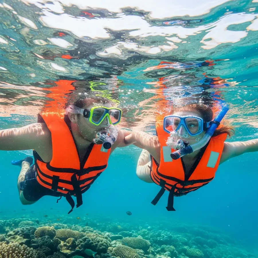 People swimming above the coral formations in the Great Mayan Reef